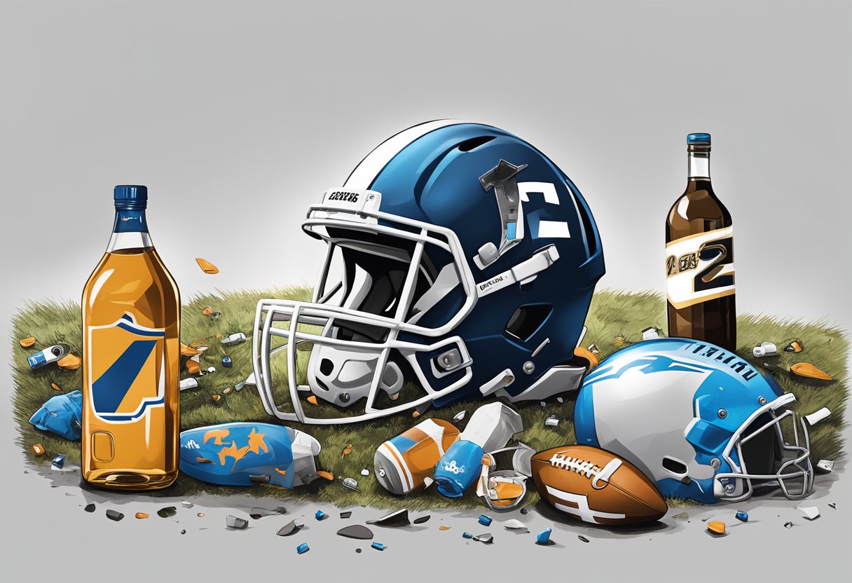 Johnny Manziel's career downfall: a shattered football helmet lies on the ground, surrounded by empty bottles and a discarded jersey