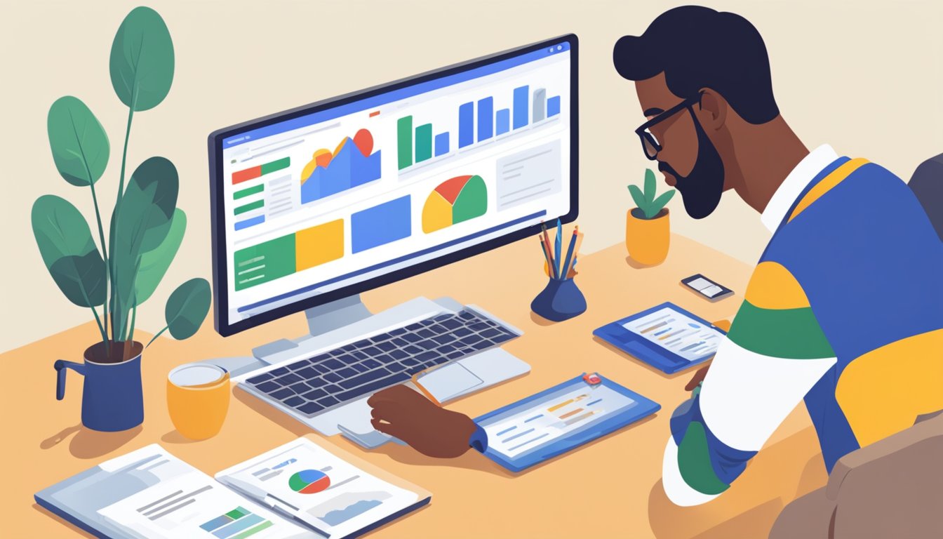 A person setting up a Google AdWords campaign on a computer with various tabs open and a focused expression