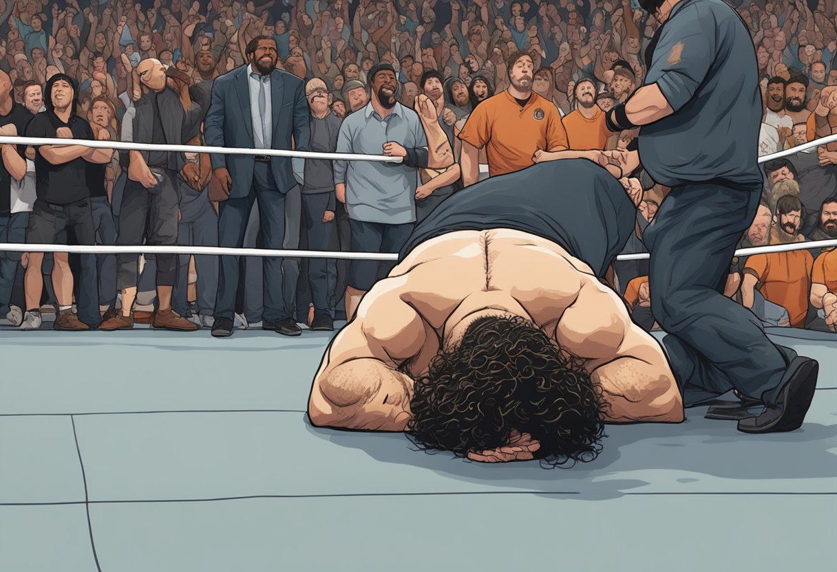 Mick Foley's ear lies on the mat, bloodied and torn. The wrestler grimaces in pain as he holds his head, the crowd gasping in shock