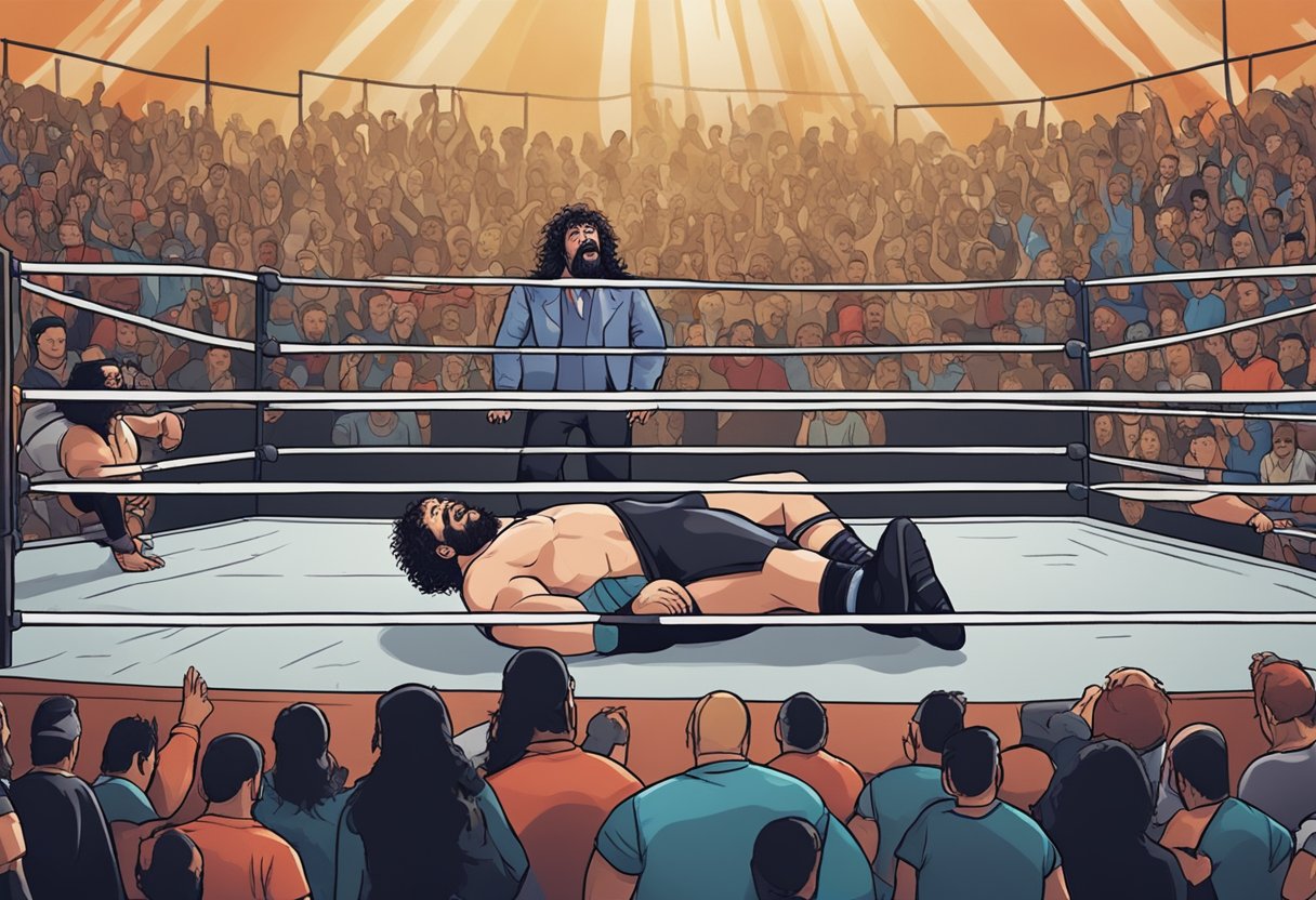 A wrestling ring with a bloodied ear lying on the mat, surrounded by shocked onlookers and a distressed Mick Foley