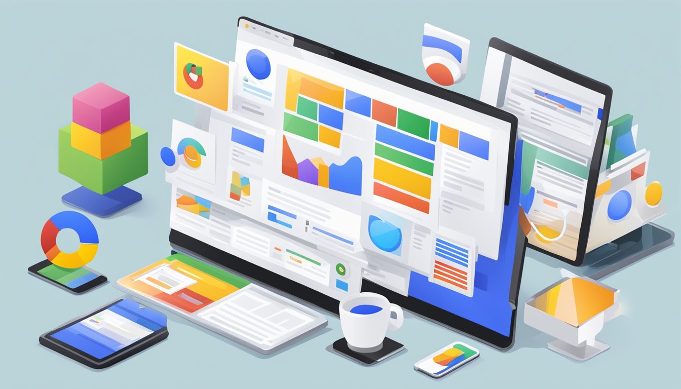 Various google ad formats and placements displayed on digital devices with colorful graphics and clear call-to-action buttons