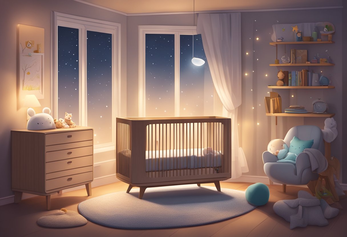 A smart crib with built-in monitor and mobile hangs above a sleeping baby, while soft ambient lighting creates a cozy atmosphere