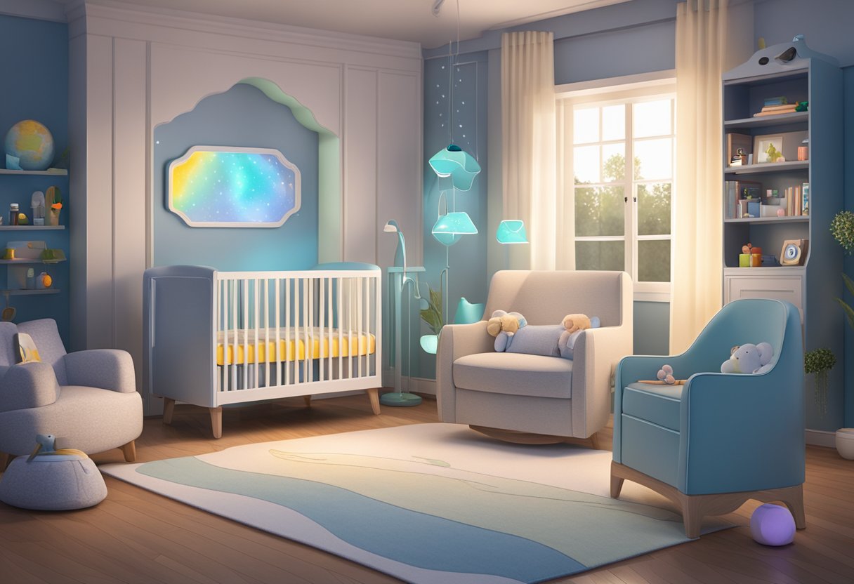 The Smart Crib glows softly in a dark nursery, with a built-in monitor and mobile