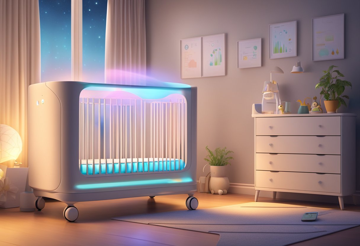 A smart crib with integrated technology, displaying a soft glow from the built-in monitor and sensors, with a mobile hanging above