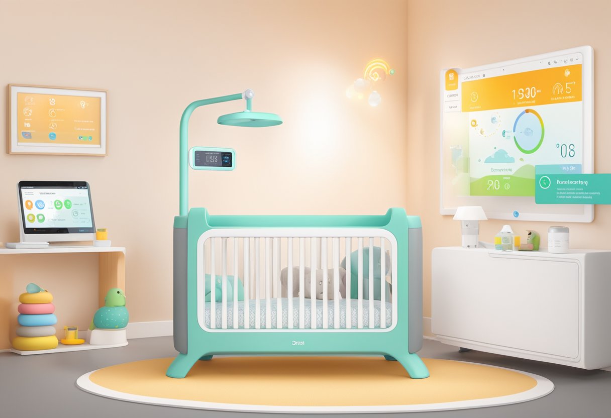 The smart crib's monitoring features display on a screen, with sensors and indicators visible