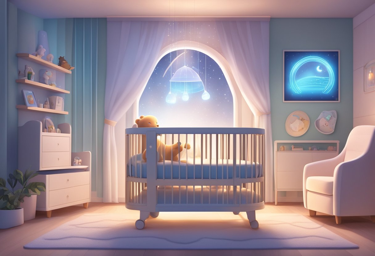 A baby peacefully sleeping in a high-tech crib with built-in sensors and monitors, surrounded by soft, soothing lights and gentle music