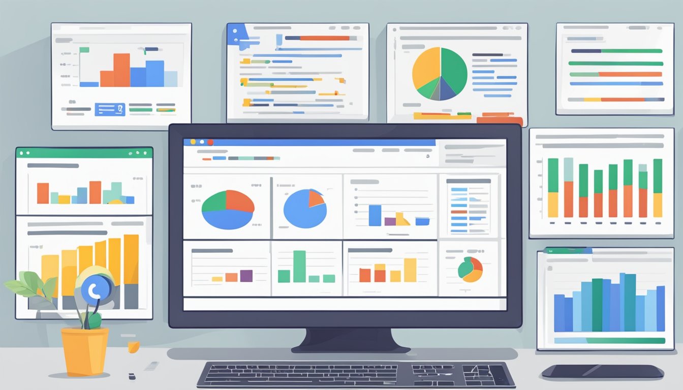 A computer screen displaying advanced Google AdWords advertising strategies with charts and graphs