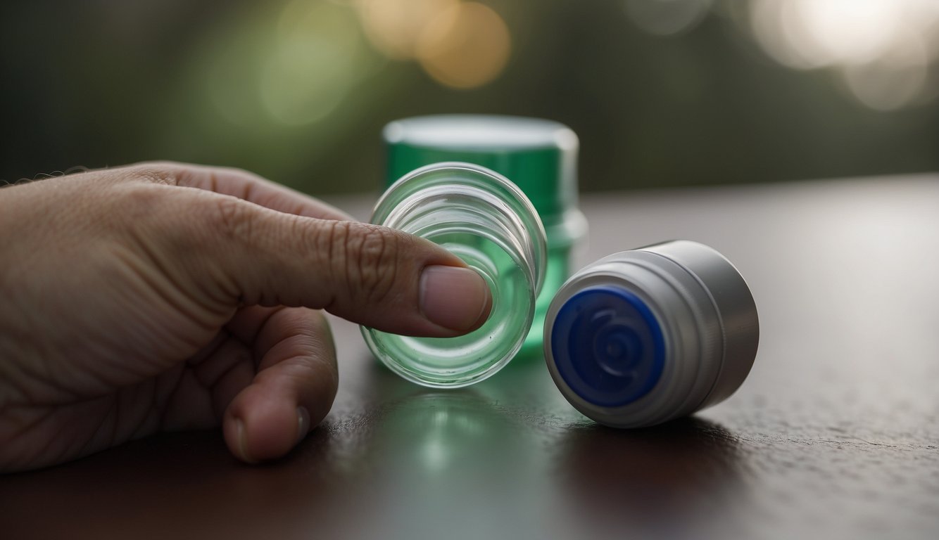 A hand squeezing a dropper bottle of Exterol Ear Drops, with a few drops falling into an ear canal