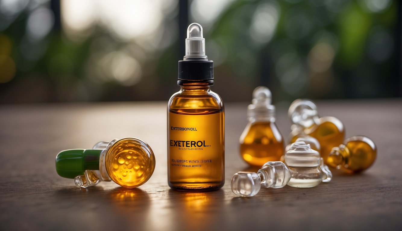 A bottle of Exterol ear drops surrounded by positive customer reviews and frequently asked questions