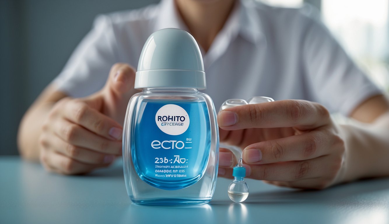 A person holding a bottle of Rohto Lycee eye drops next to a contact lens case and a pair of contact lenses on a clean, well-lit surface