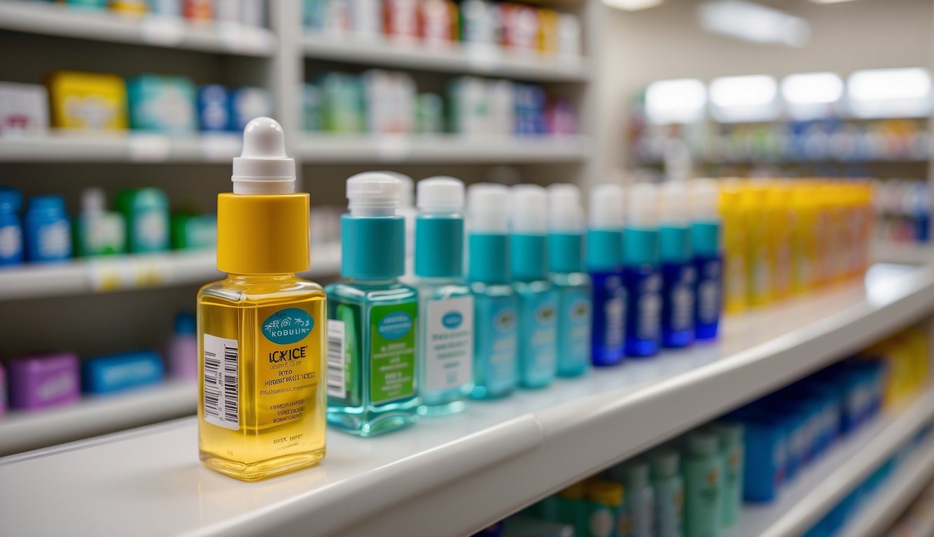 A bottle of Rohto Lycee eye drops stands next to other eye drop products on a pharmacy shelf. The bright, colorful packaging stands out among the other plain, traditional bottles