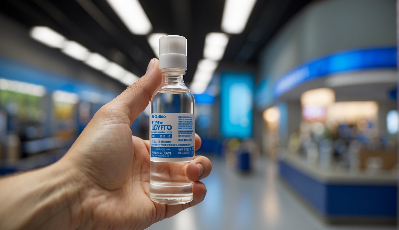 A hand holding a bottle of Rohto Lycee eye drops with positive customer reviews displayed in the background
