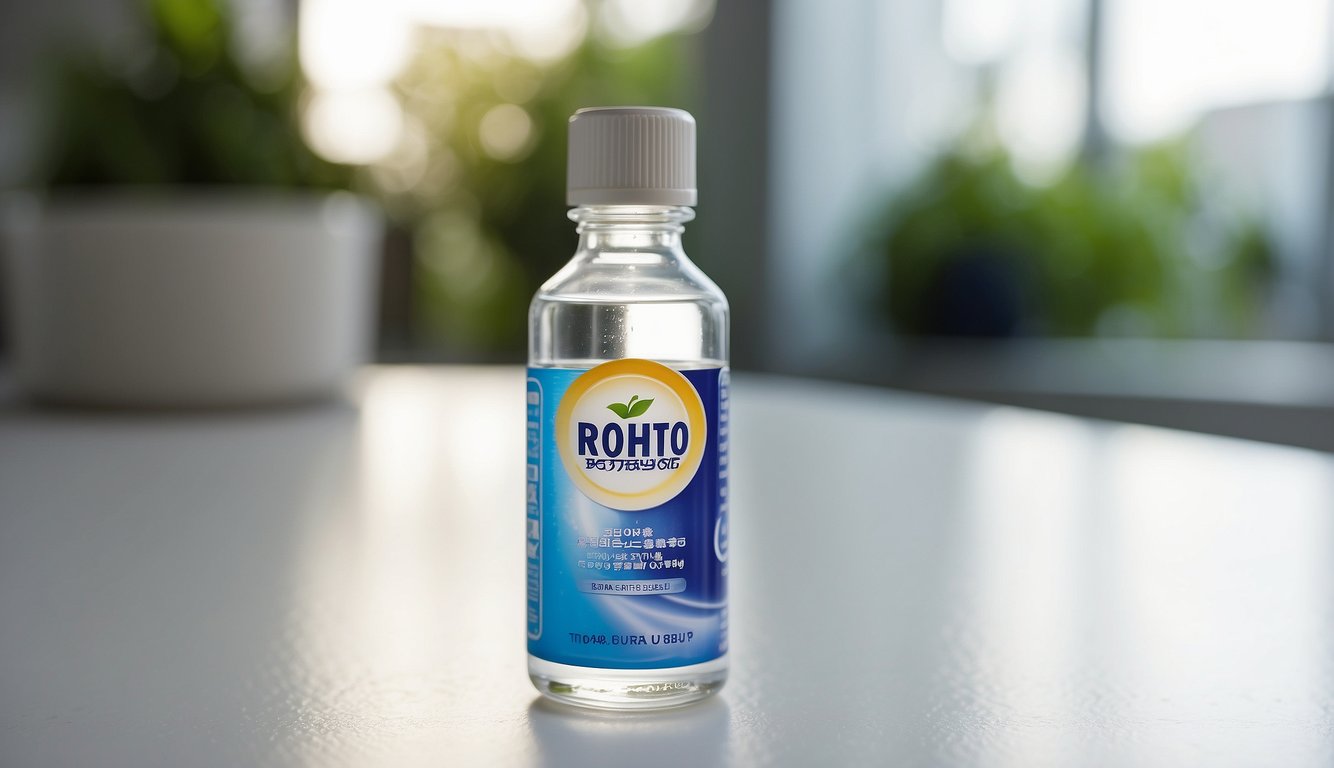 A bottle of Rohto Lycee eye drops sits on a clean, white surface with a soft, natural light shining on it. The label is clearly visible, and there are various purchase options displayed nearby