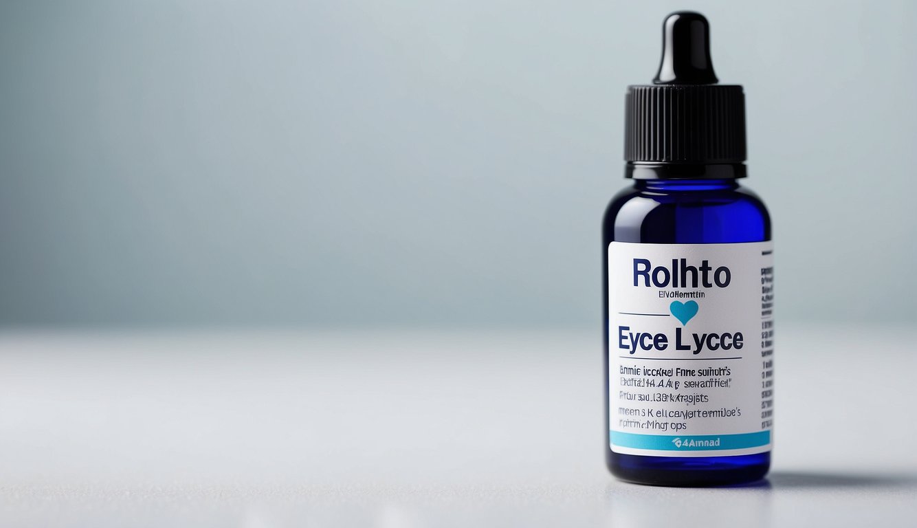 A bottle of Rohto Lycee eye drops sits on a clean, white surface. The label is bright and colorful, with the product name and a list of benefits