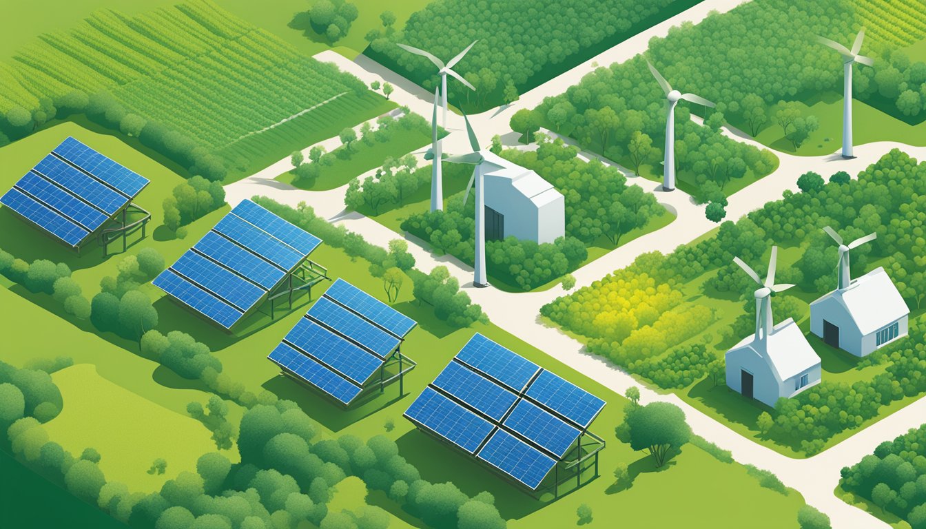 Lush green fields with diverse crops, natural irrigation, and solar panels. Compost piles and wind turbines show sustainable energy use. No chemical pesticides or monoculture