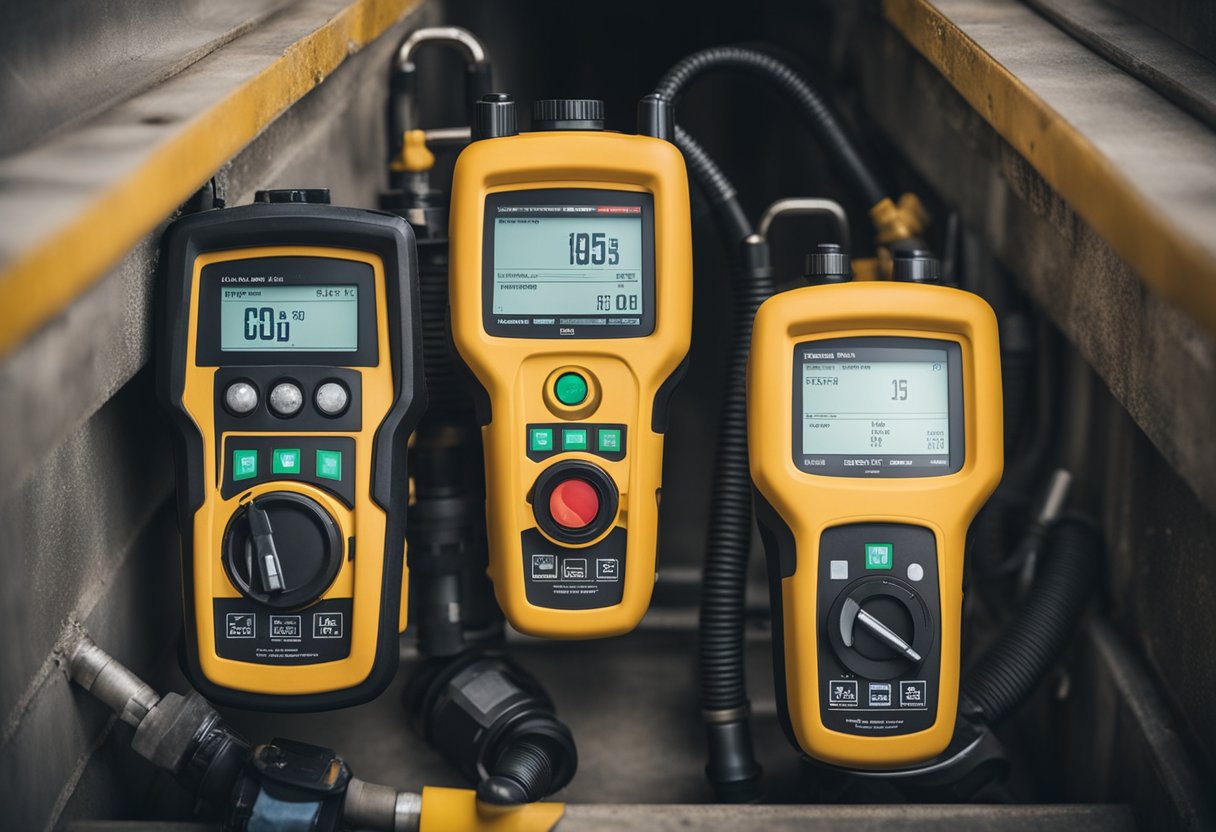 Gas detection equipment placed in a confined space, with monitoring devices and warning lights activated