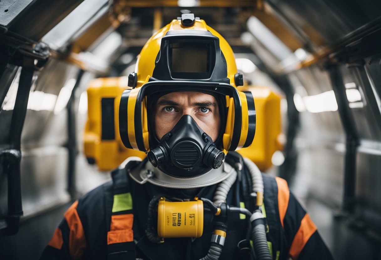 A worker in a confined space with confined space gas detection equipment in use, emergency rescue procedures being followed