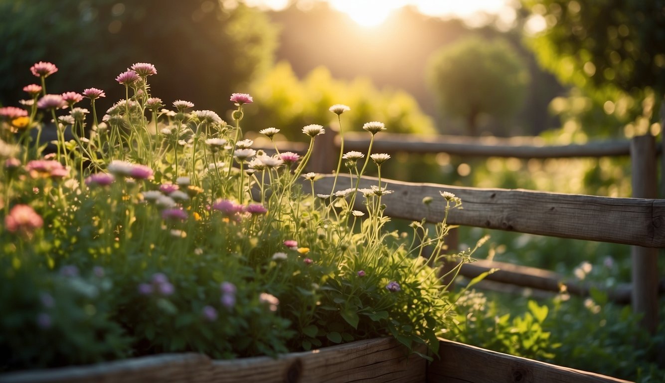 The scene depicts a tranquil herbal garden with vibrant green plants and colorful flowers, surrounded by a rustic wooden fence. The sun is shining, casting a warm glow over the peaceful setting