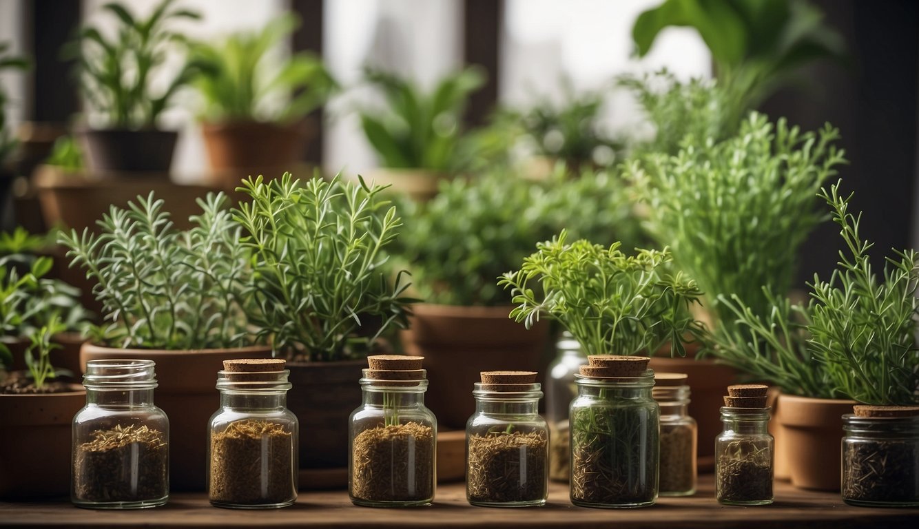A variety of herbs and plants arranged in a natural, organic setting, with a prominent display of New Roots Herbal products