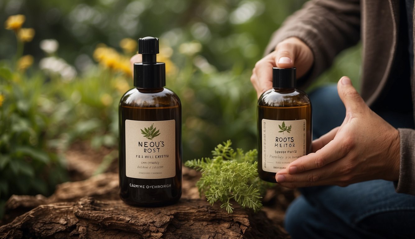 A person holding a bottle of New Roots Herbal products, with a background of natural elements like plants and herbs, and a clear label with the product name