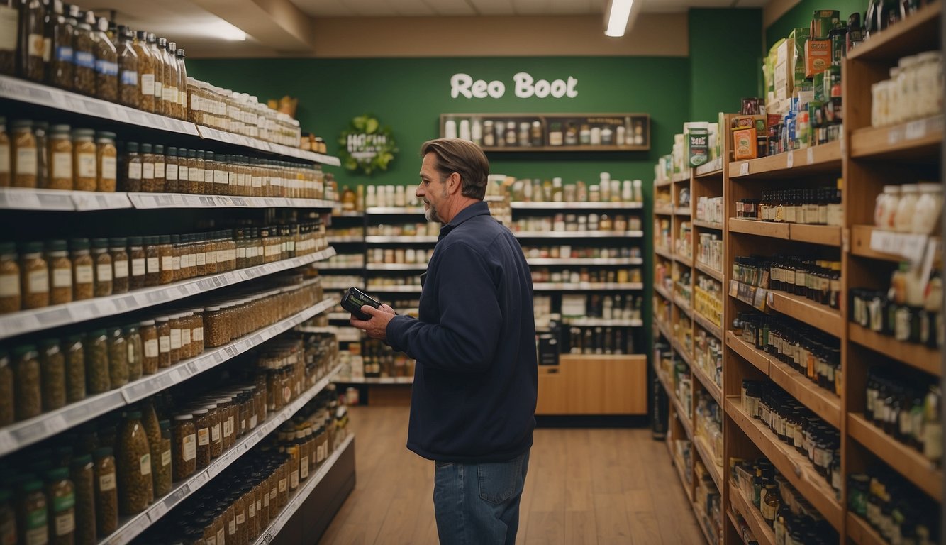 A customer buys New Roots Herbal products from a well-stocked shelf in a local health food store