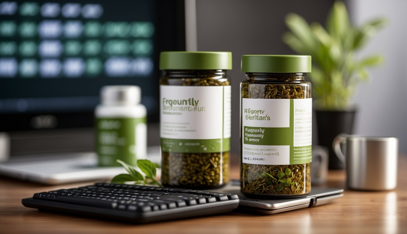 A stack of herbal product containers with "Frequently Asked Questions" displayed on a computer screen in the background