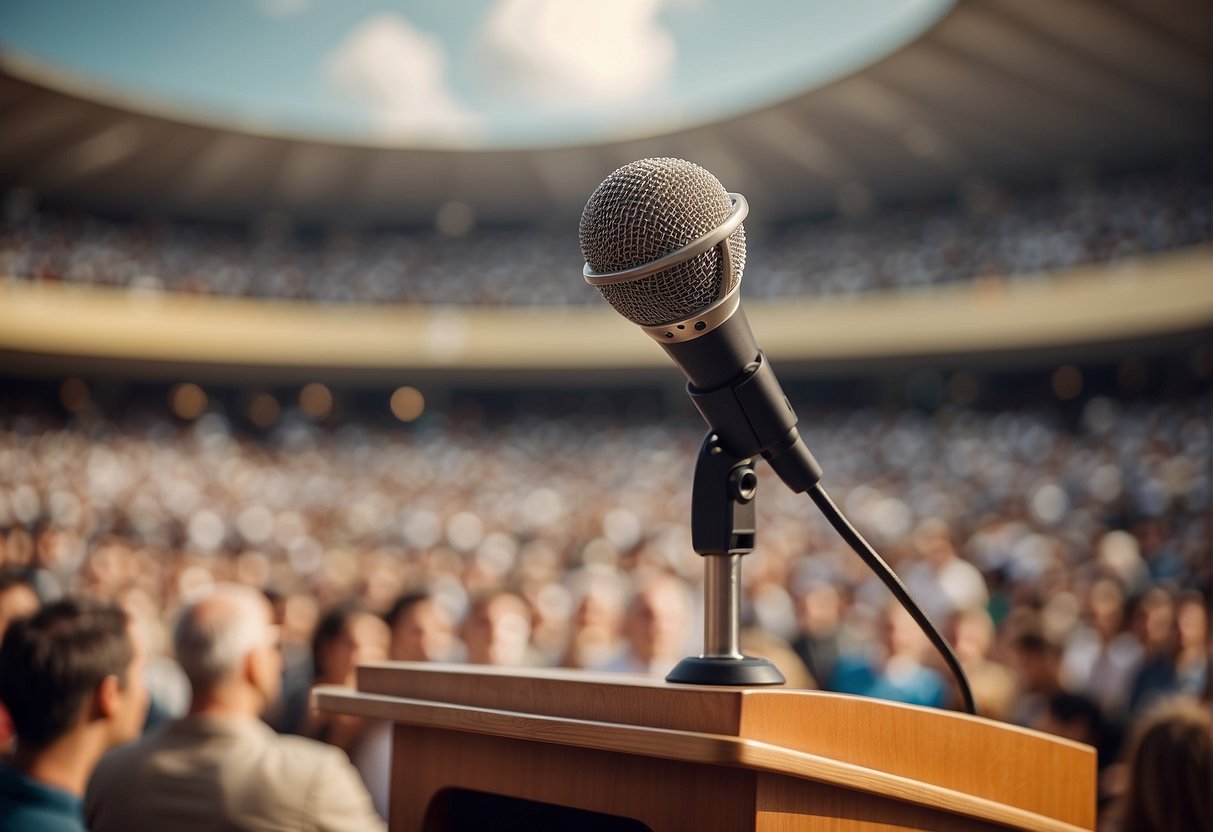 A podium with a microphone, surrounded by a large audience. A banner with "Reconhecimento e Prêmios de Liderança" hangs in the background