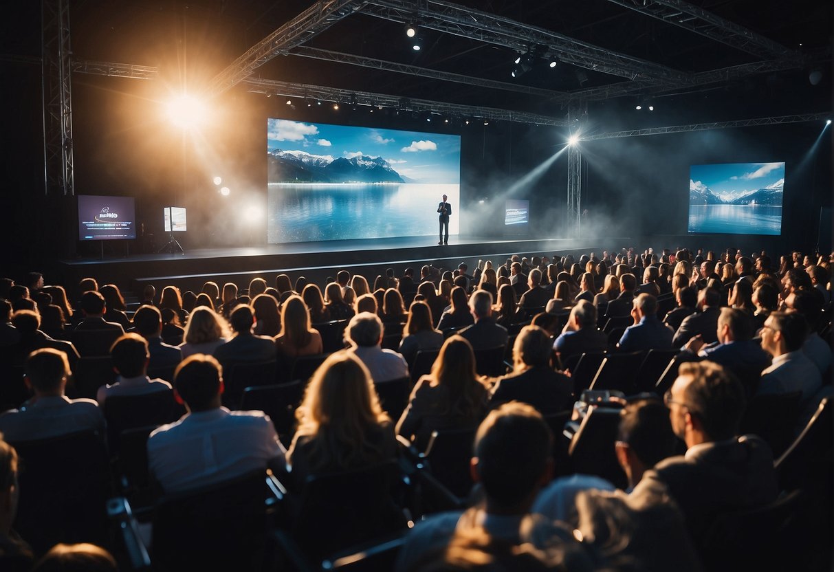 A stage with a large screen displaying innovative ideas and inspiring messages. Audience members are engaged and taking notes. The atmosphere is filled with creativity and excitement