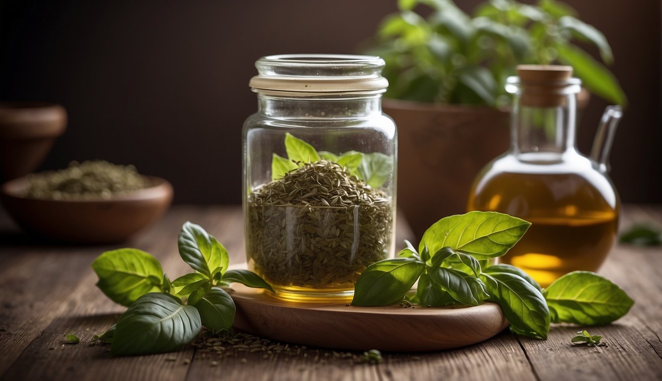 A mortar and pestle crushes fresh holy basil leaves, while a glass jar sits nearby, ready to hold the herbal tincture