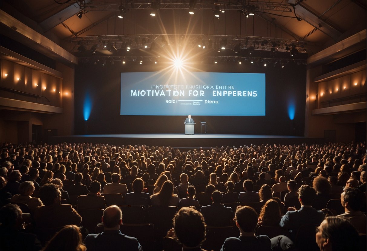 A stage with a spotlight on a podium, surrounded by a large audience. A projection screen displays the words "Motivation and Inspiration for Entrepreneurs" and "What to Expect from a Lecture with Gustavo Caetano: Innovation and Inspiration."