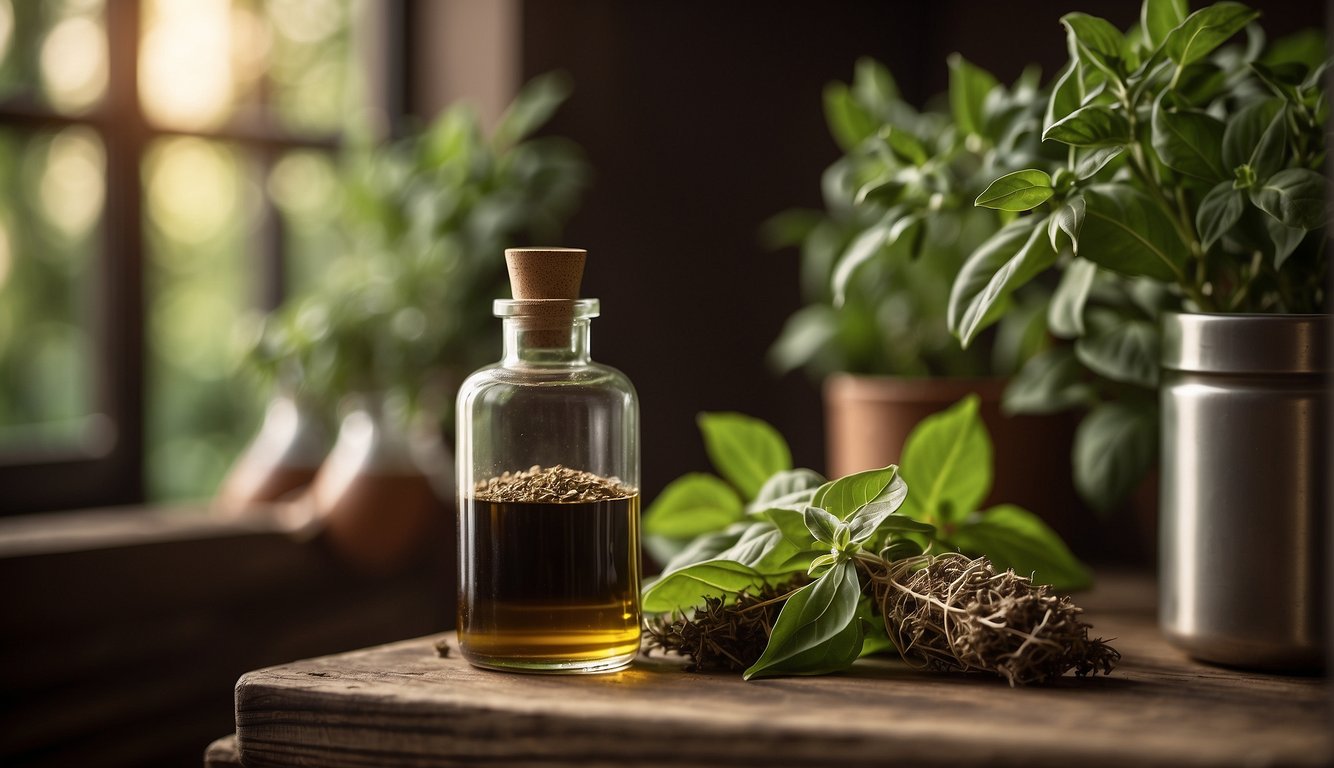 A glass bottle filled with holy basil tincture sits on a wooden shelf, surrounded by dried basil leaves and other herbal ingredients