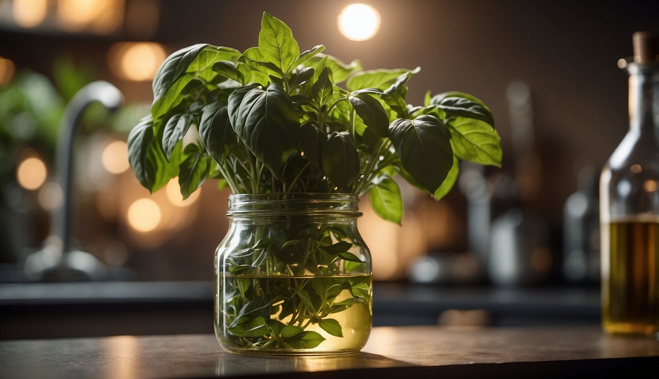A glass jar filled with fresh holy basil leaves being submerged in alcohol, ready to be turned into a tincture