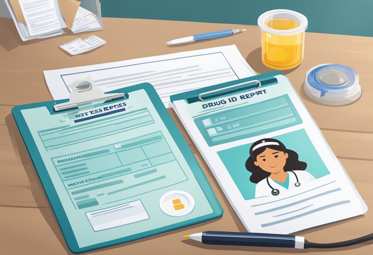 A nurse's ID badge and a drug test report on a desk, with a worried expression on the nurse's face