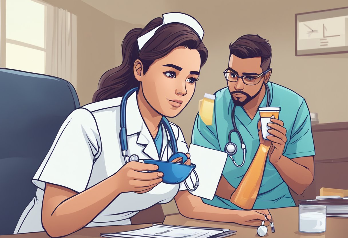 A nurse holding a drug test cup with a positive result, while a supervisor looks on with a concerned expression