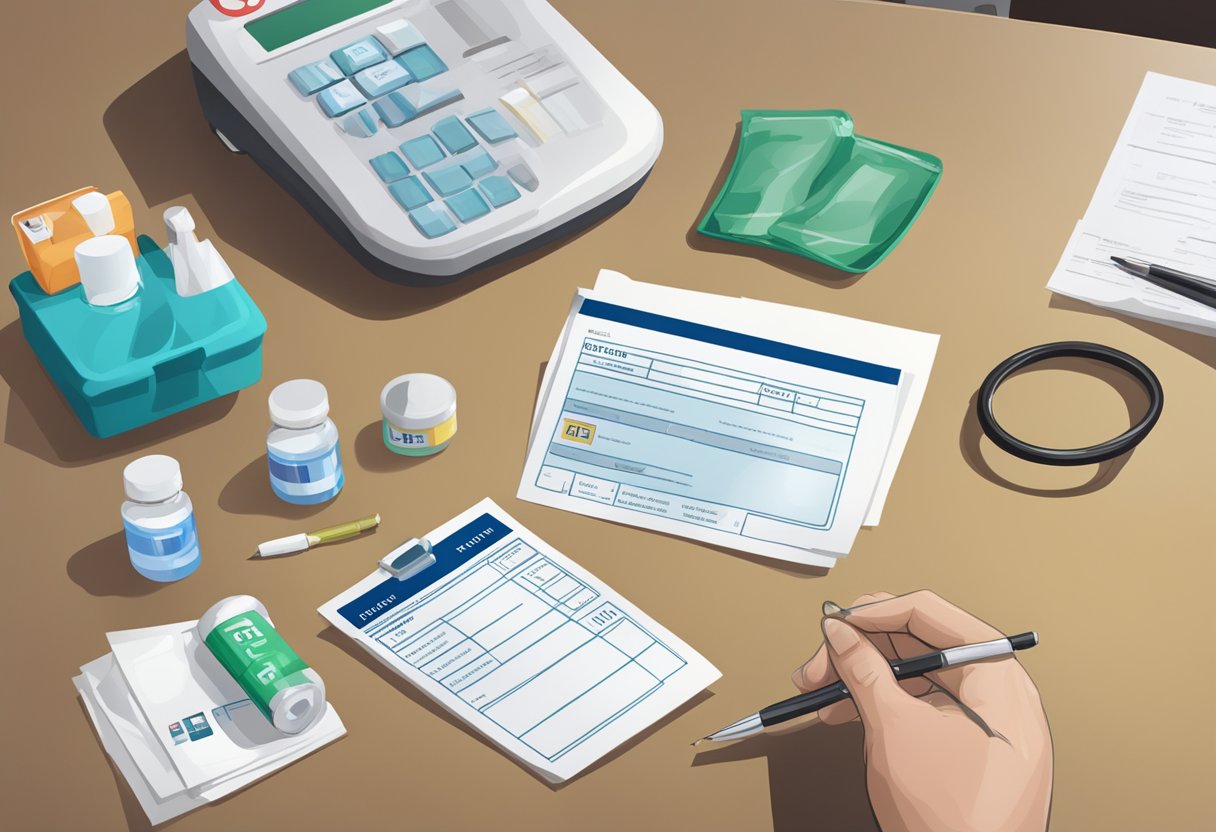 A nurse's ID badge and a drug testing kit on a table, with a disappointed supervisor looking on
