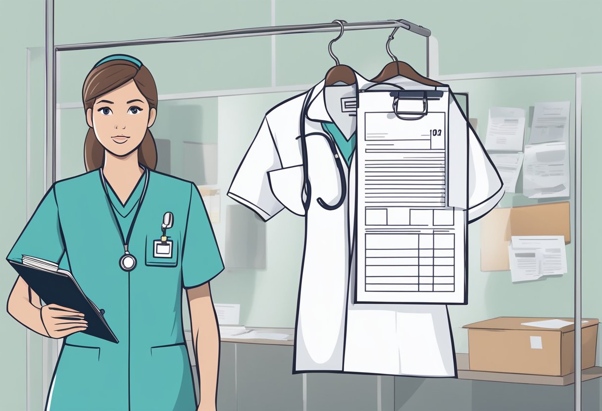 A nurse's uniform hung on a hook, with a drug test result slip falling out of the pocket. A concerned supervisor looked on, holding a clipboard with legal documents
