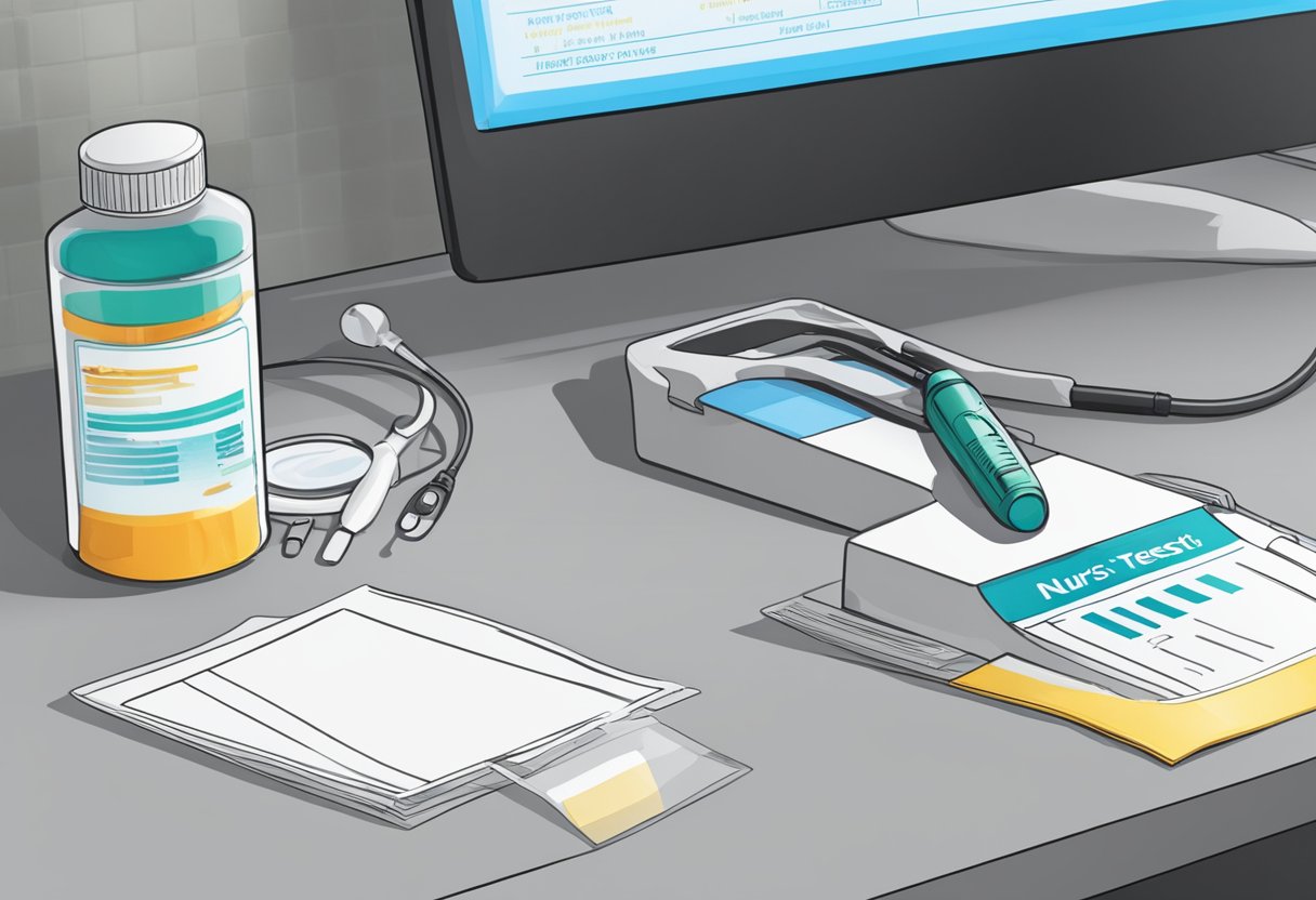 A nurse's ID badge and a drug testing kit on a clean, sterile countertop. A computer screen displaying a failed drug test result