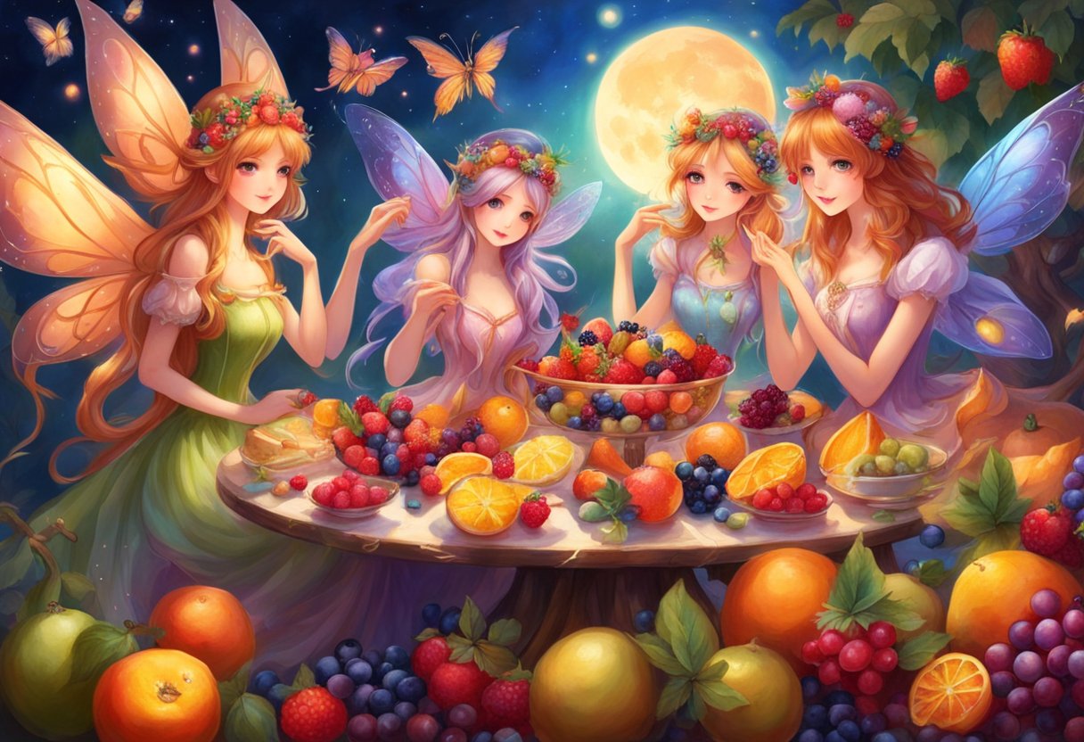 Fairies gather around a table covered in colorful fruits, berries, and delicate pastries, sipping from tiny cups filled with shimmering nectar