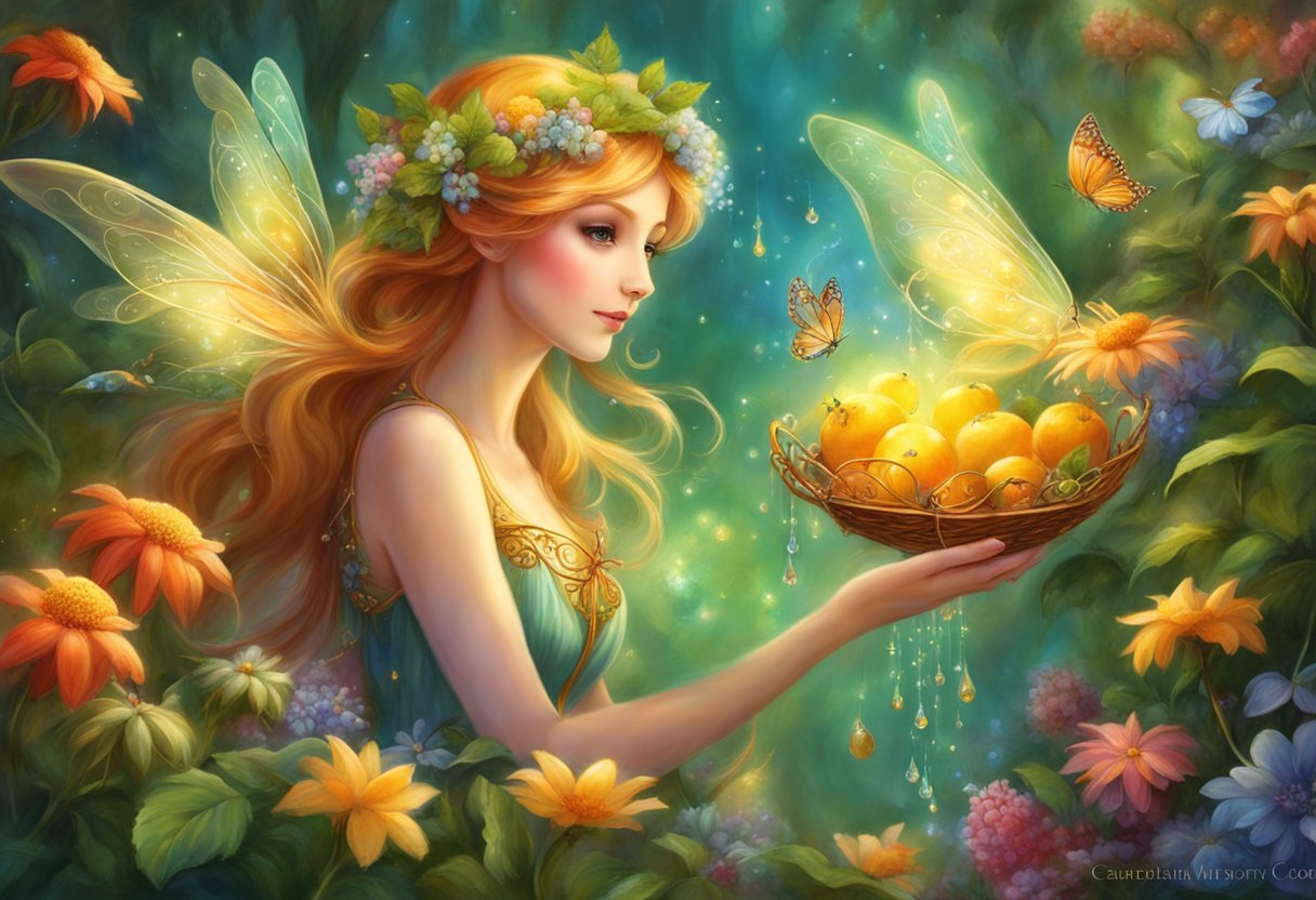 Fairies feast on nectar from delicate flowers, sipping sweet dewdrops and sampling ripe berries in a lush, enchanted garden