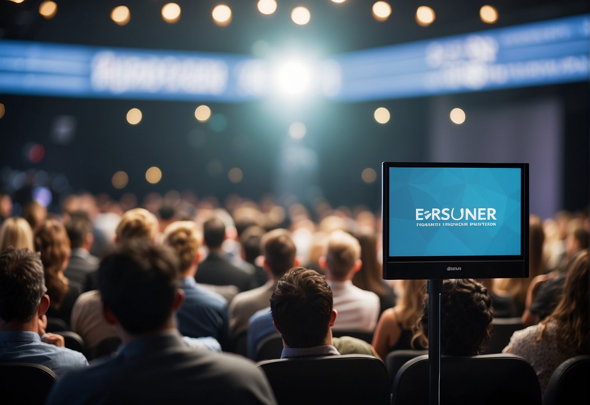 A speaker stands in front of a diverse audience, presenting innovative ideas. The audience is engaged and attentive, with a backdrop of the company's logo