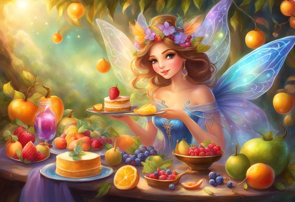 Sparkling fairy banquet with glowing fruits, shimmering nectar, and enchanted treats. Magical elements surround the ethereal feast, creating a whimsical and enchanting scene for the illustrator to recreate