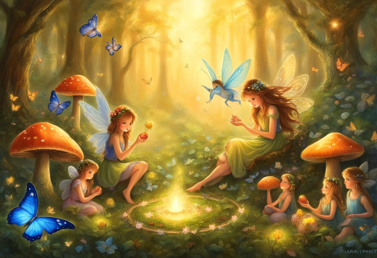 Fairies gather around a glowing mushroom circle, leaving small fruits and flowers as offerings. They feast on nectar and honeydew, surrounded by shimmering butterflies and twinkling fireflies