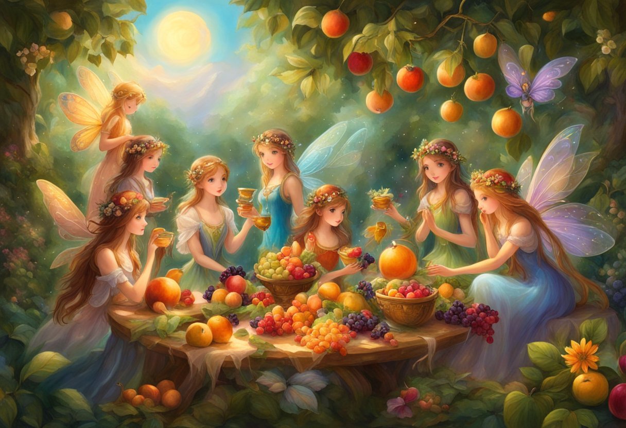 Fairies gather around a table laden with colorful fruits, nuts, and honey, surrounded by lush greenery and delicate flowers
