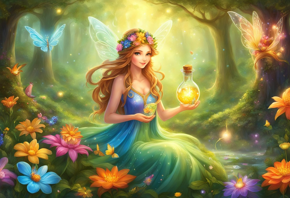 Fairies gather ingredients in a sunlit forest glade, surrounded by colorful flowers and sparkling dew. They mix potions in delicate glass vials, creating fairy-approved recipes