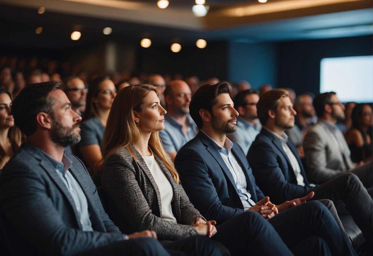 An audience listens intently as an innovative speaker presents at a company event. The room is filled with anticipation and engagement as the speaker captivates the crowd with their insights on innovation
