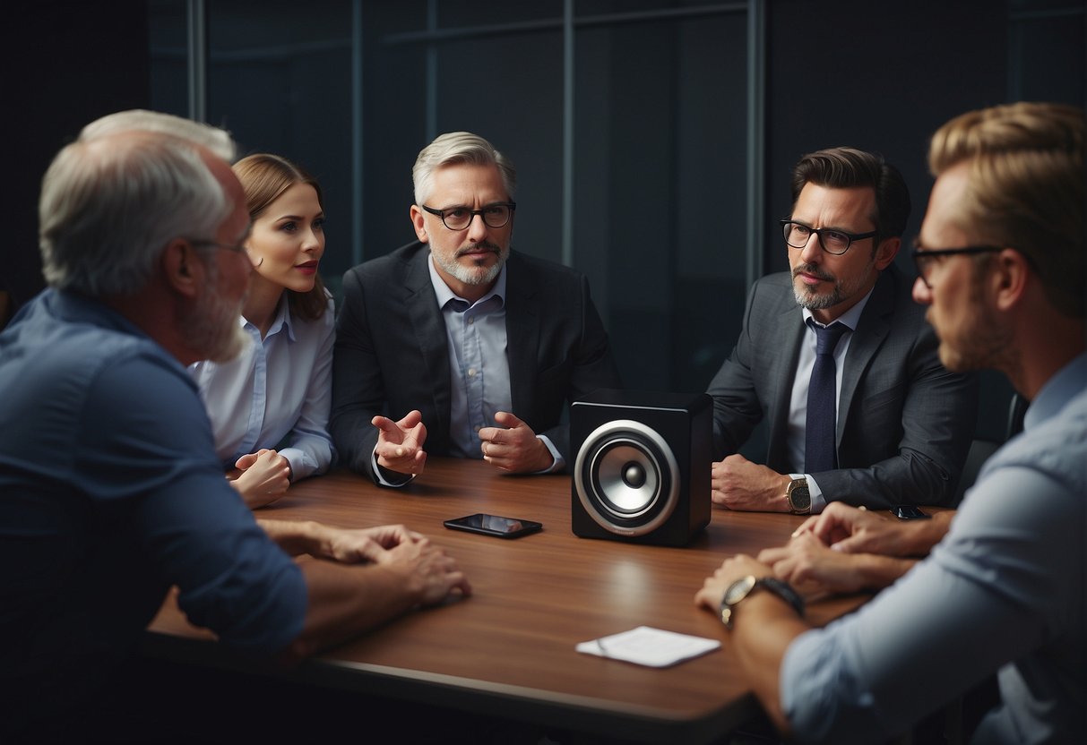 A group of professionals gather around a speaker, listening intently as they discuss innovative leadership development with the help of experts