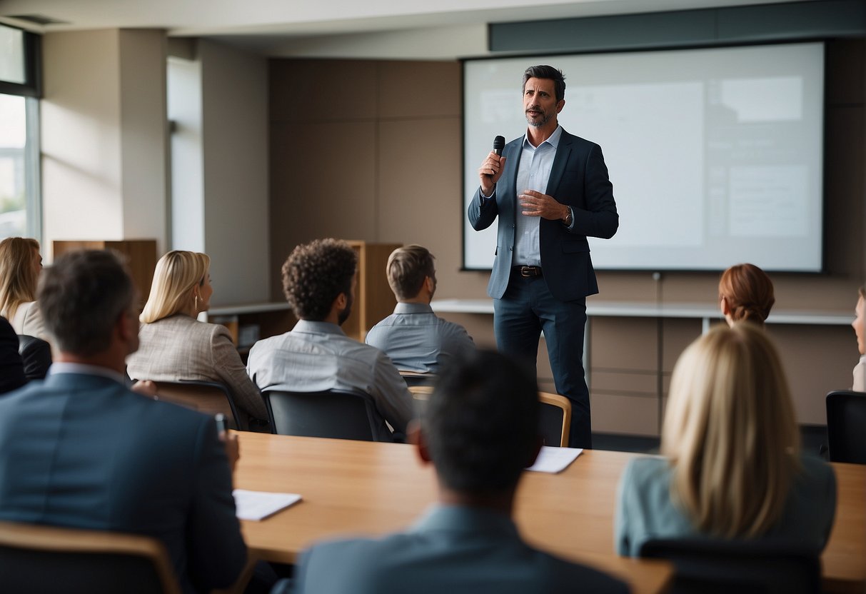 A speaker stands confidently in front of a group of attentive professionals, presenting innovative ideas to elevate the company's reputation through education and development