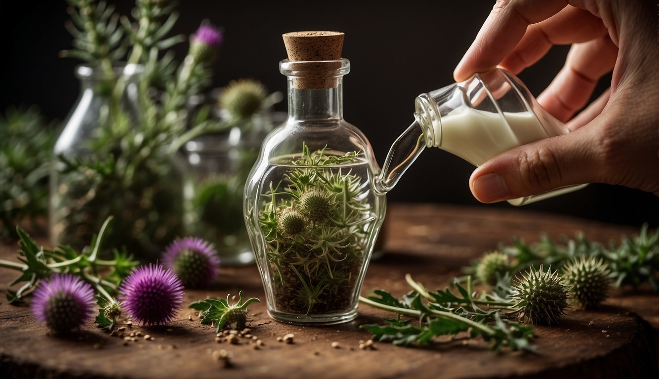 A hand pours milk thistle tincture into a dropper bottle, with measuring spoons and herbs in the background