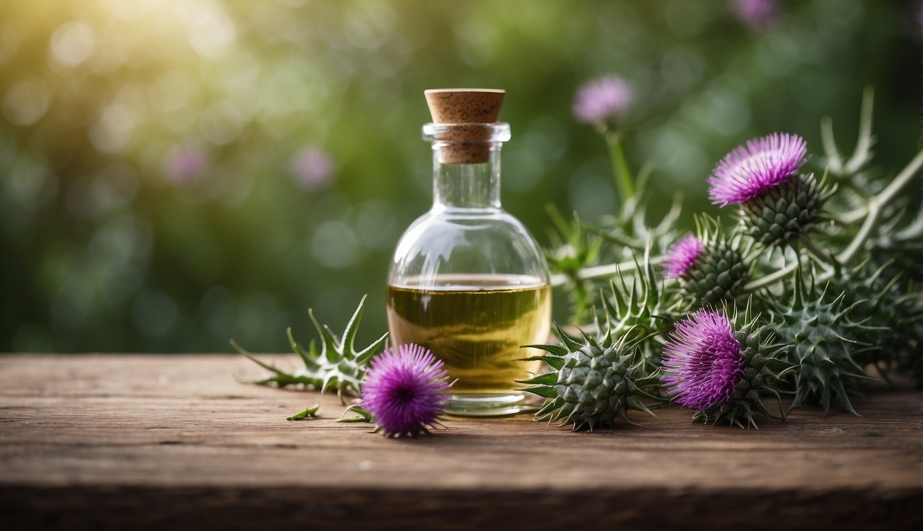 A glass bottle filled with milk thistle tincture, surrounded by fresh milk thistle leaves and flowers, with a mortar and pestle nearby