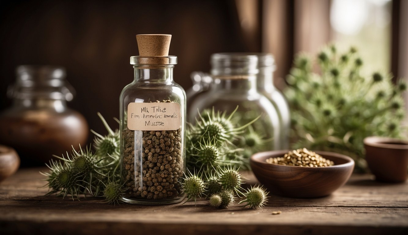 A glass jar filled with milk thistle tincture sits on a wooden shelf, surrounded by dried herbs and labeled with a handwritten tag